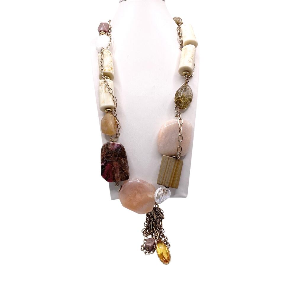 Vintage Multi Gemstones Chunky Necklace Quartz Amber 1990s 24” Pendant - Picture 2 of 5